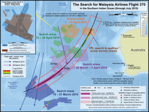 Alcune aree di ricerca dell'impatto del volo MH370 nell'Oceano Indiano.